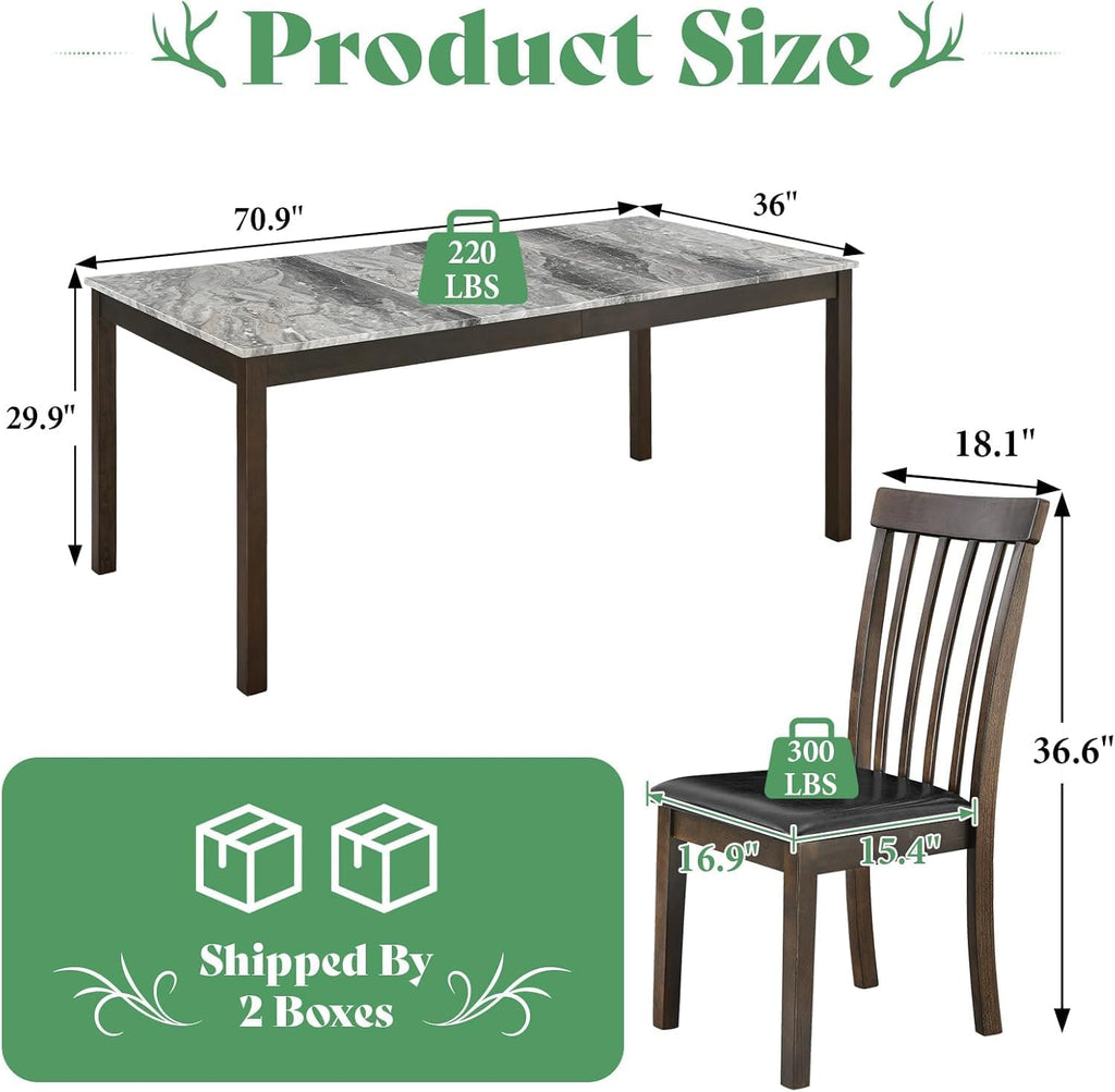 AMERLIFE 7-Piece Dining Table Set, 71" Faux Marble Modern Table, Dark Brown