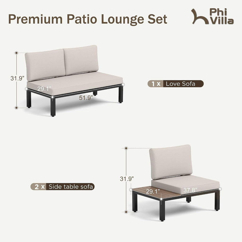 PHI VILLA 4-Seat Metal Patio Sofa Sectional Set with Gray Cushions