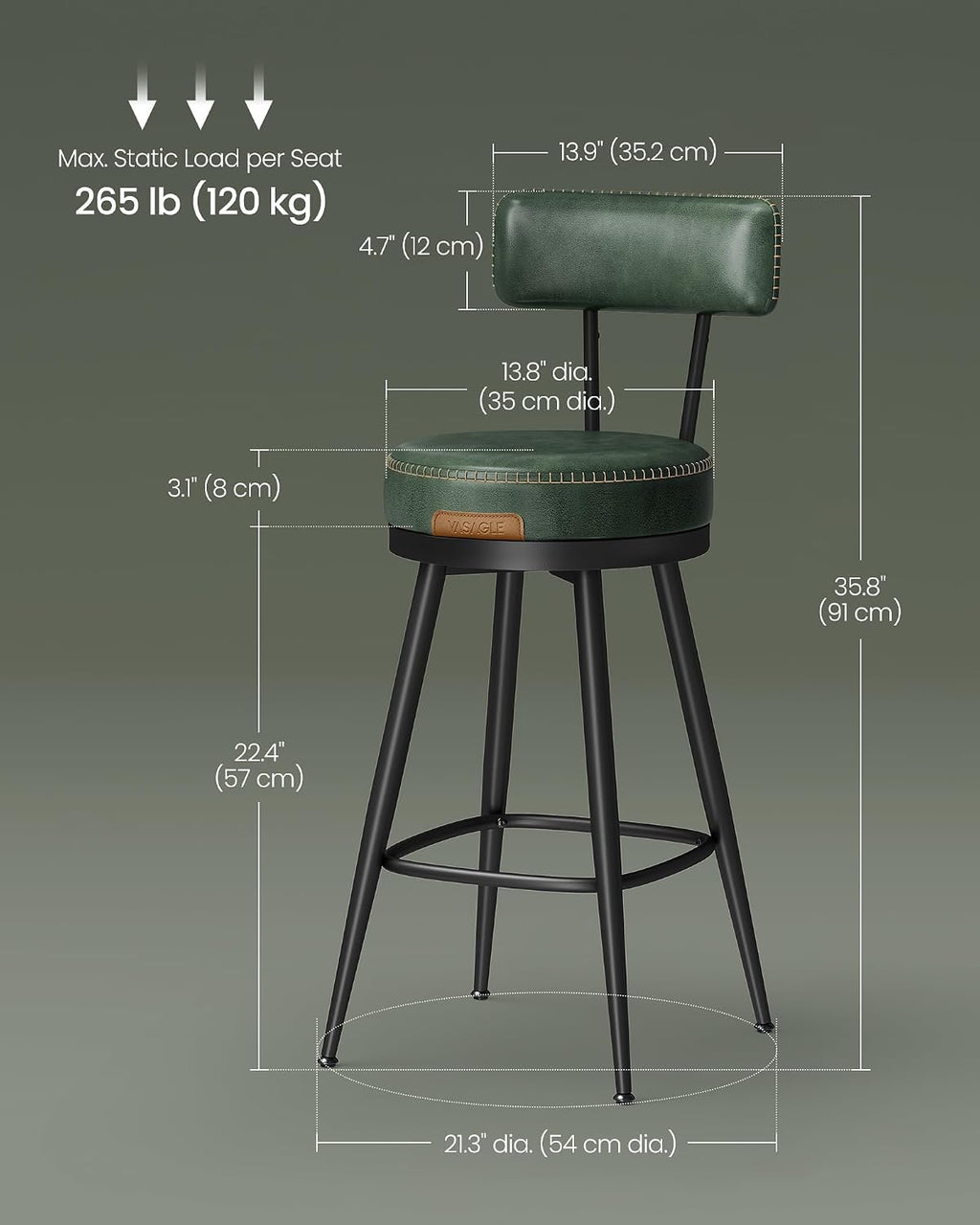 VASAGLE Bar Stools Set of 2, Swivel Counter Height with Back, 25.6-Inch