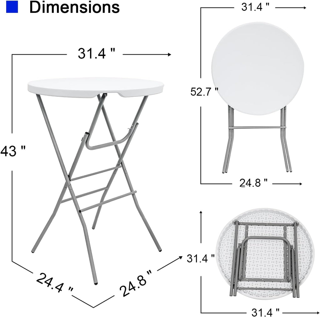 31.5" L X 31.5" W X 43" H - Cocktail Table White High Top Folding Table, Portable Bar Height Folding Table Round with Detachable Gray Legs