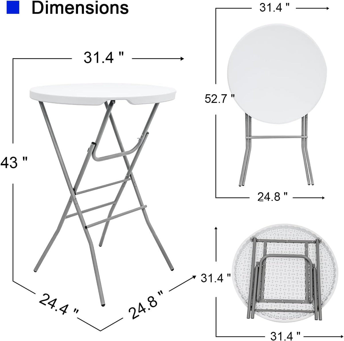 31.5" L X 31.5" W X 43" H - Cocktail Table White High Top Folding Table, Portable Bar Height Folding Table Round with Detachable Gray Legs
