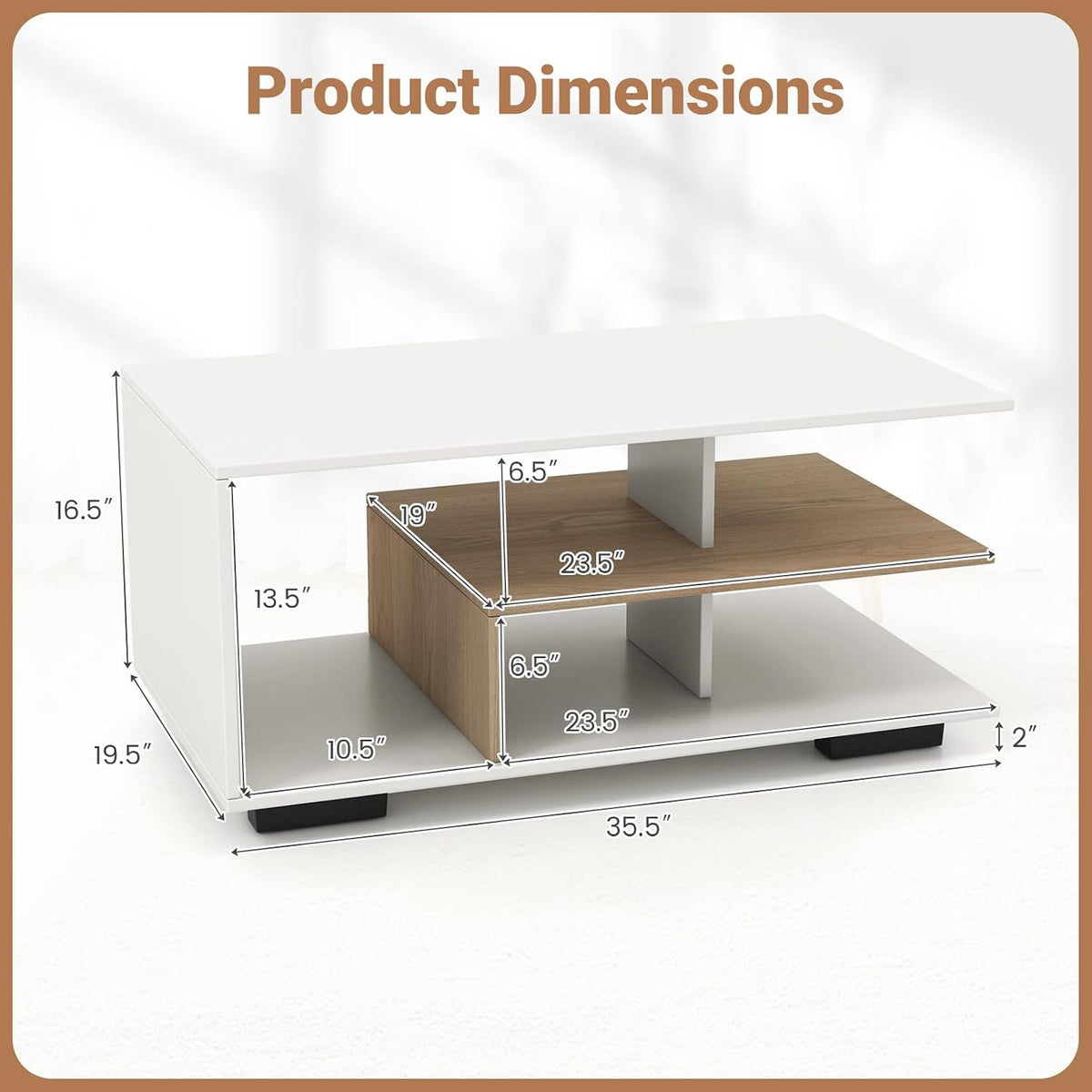 GOFLAME Rectangular Coffee Table for Living Room, 3-Tier Wood Center Table with Storage, L-Shaped Middle Shelf, Modern Accent Coffee Tables for Living Room, Reception Room, White & Natural
