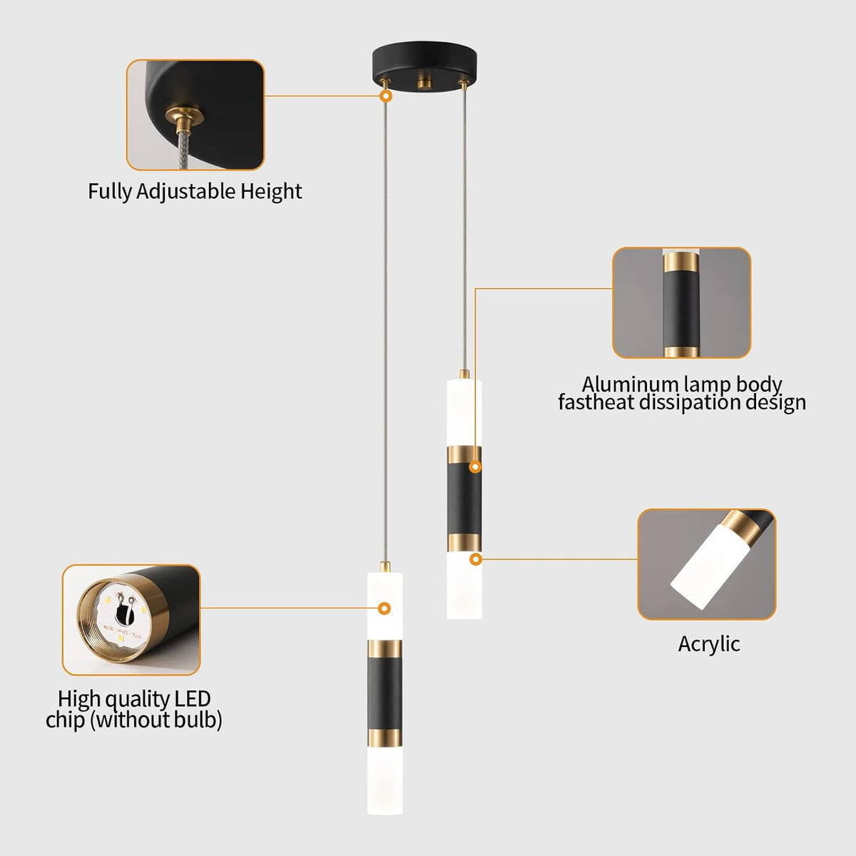 2-Light Pendant Lights Kitchen Island Dimmable LED Modern Mini Pendant Light, Bedroom Small Pendant Light Fixtures (Black Gold)