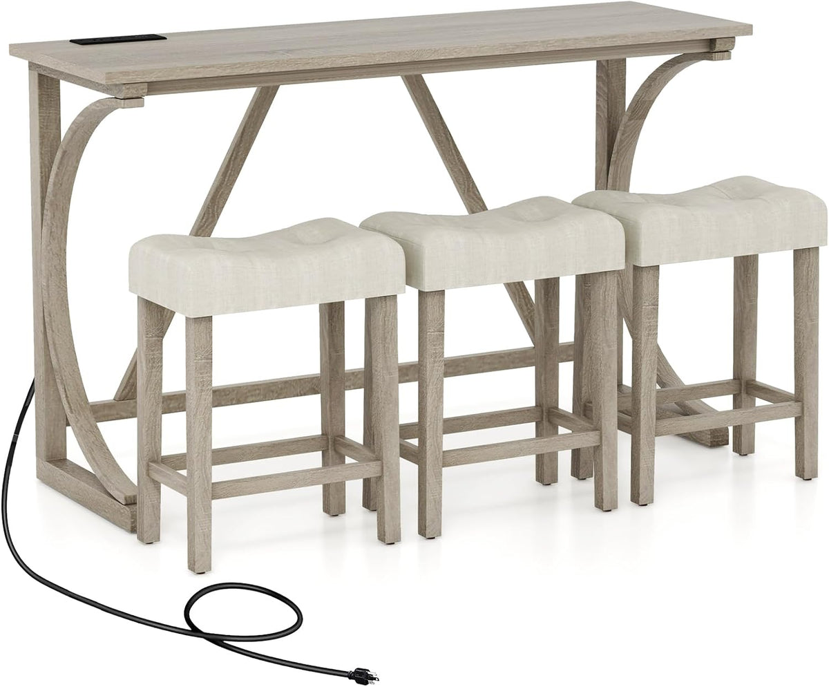 GIANTEX Small Dining Table Set - 4-Piece Bar Table and Chairs Set with Power Outlet, Upholstered Saddle Seat Stools, Counter Height Dining Table Set, Breakfast Nook for 3 People, Kitchen Table Set