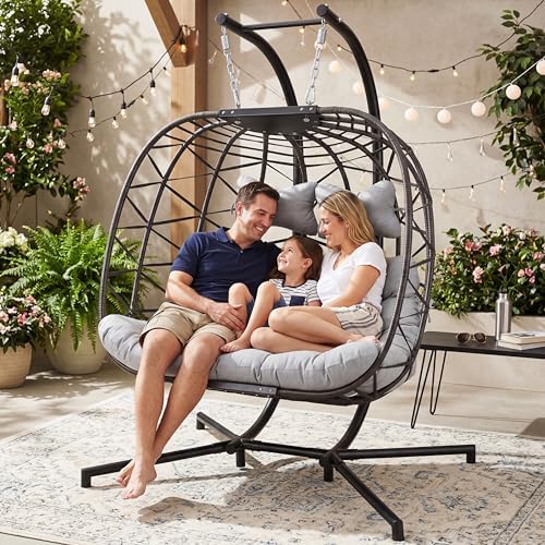 NICESOUL 2 Person Hanging Egg Chair Outdoor with Stand, Wide & Large Comfy Pumpkin Shape Double Swing Hammock Chairs with Thick Cushion, Heavy Duty All-Weather Egg Loveseat for Indoor Outdoor, Grey