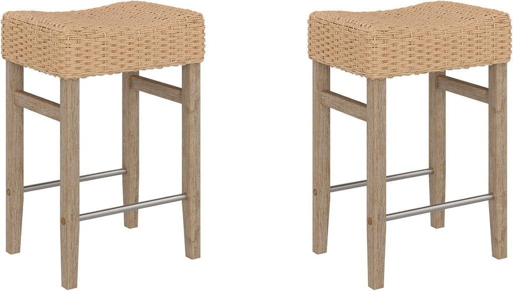 Nathan James Harvey Rattan Bar Stool, Bohemian Counter Height Stool with Woven Seagrass Seat, Solid Wood Legs, and Metal Footrest Seagrass/Brushed Gray