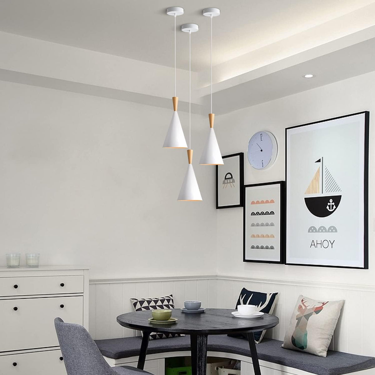 kco 3 pack farmhouse white conical metal pendant on a desk or shelf