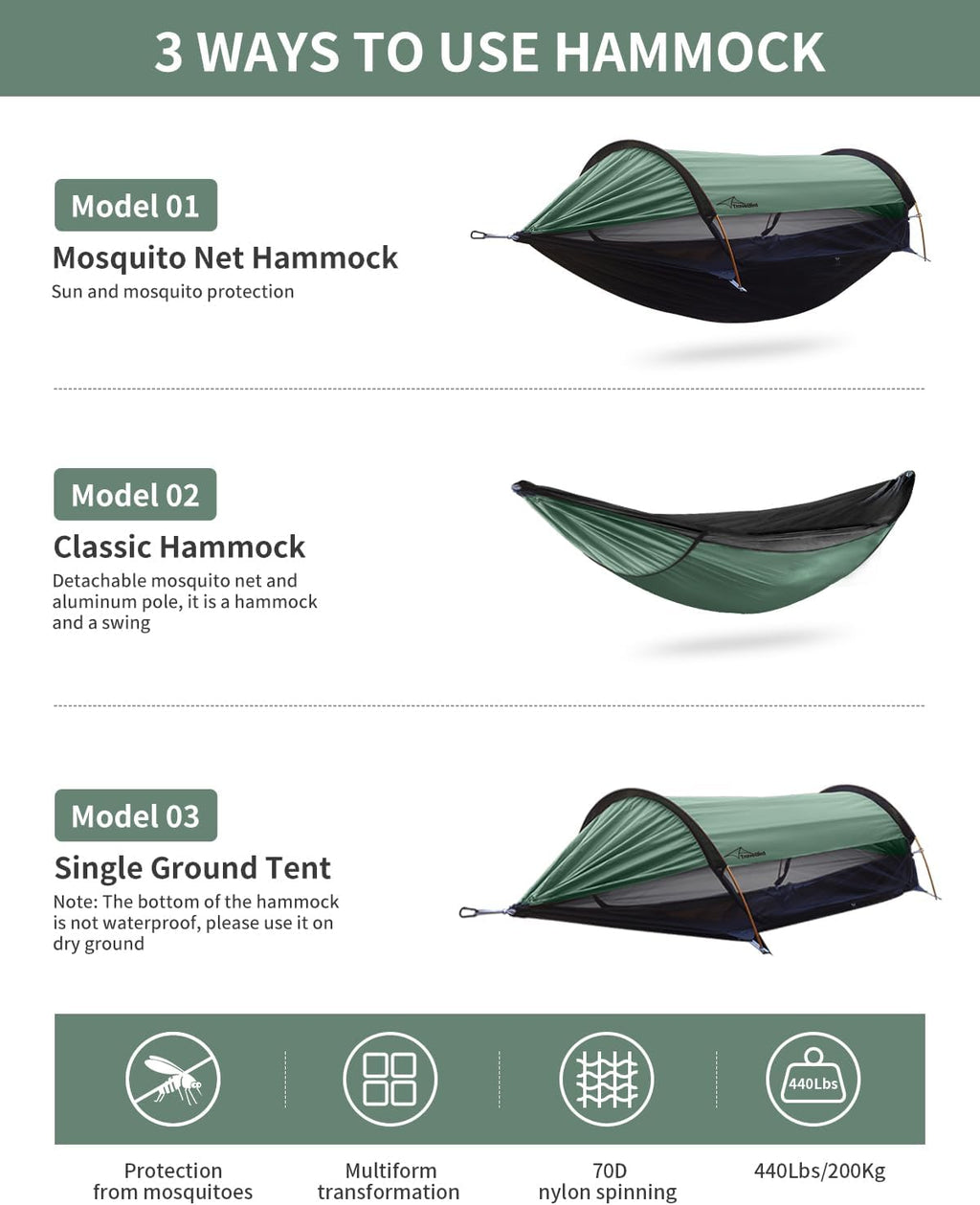 3-in-1 Camping Hammock Tent with Mosquito Net & UV Sunshade