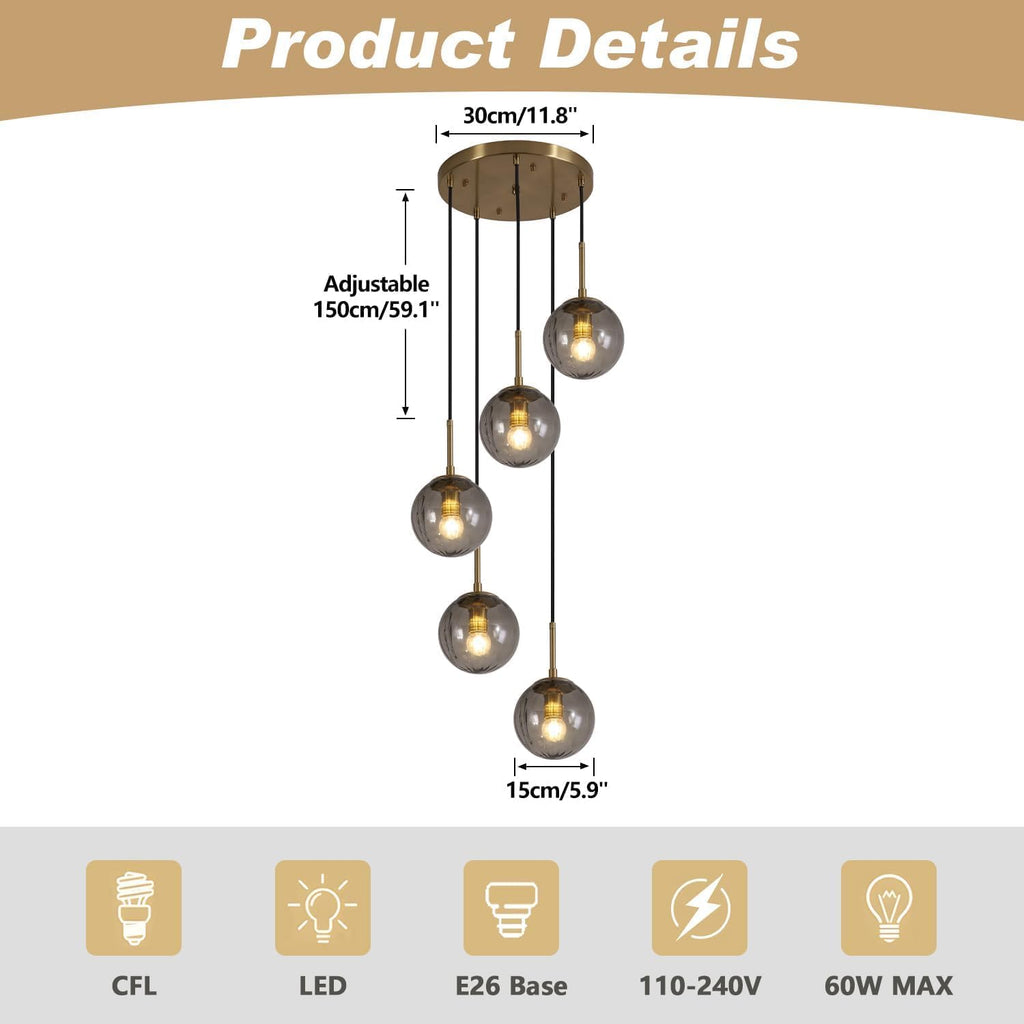 kco gold 5-light smoke gray ribbed glass globe, close-up detail