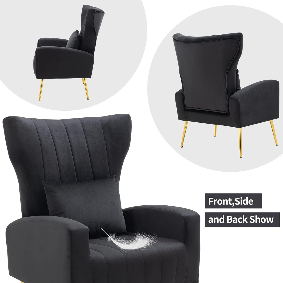 ZJhome Living Room Chairs Set of 2 Modern Velvet Accent Chairs with Lumbar Pillow, High Back Armchair Arm Chairs with Gold Metal Legs for Bedroom, Black