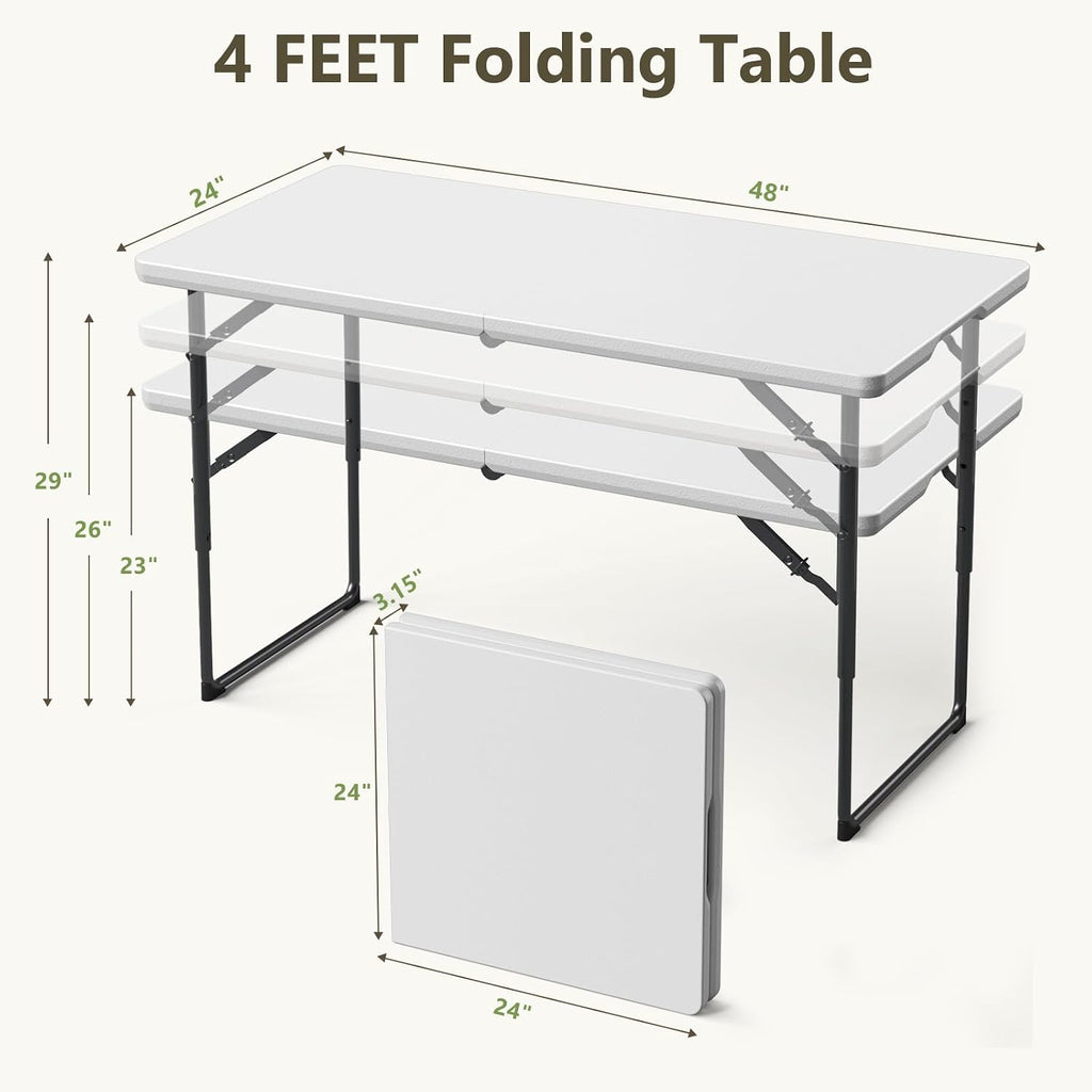Folding Table, 4 FT Foldable Plastic Table with Adjustable Height, Heavy Duty Fold in Half Utility Table, Portable Picnic Table for Camping, Parties, RV Travel, Banquet