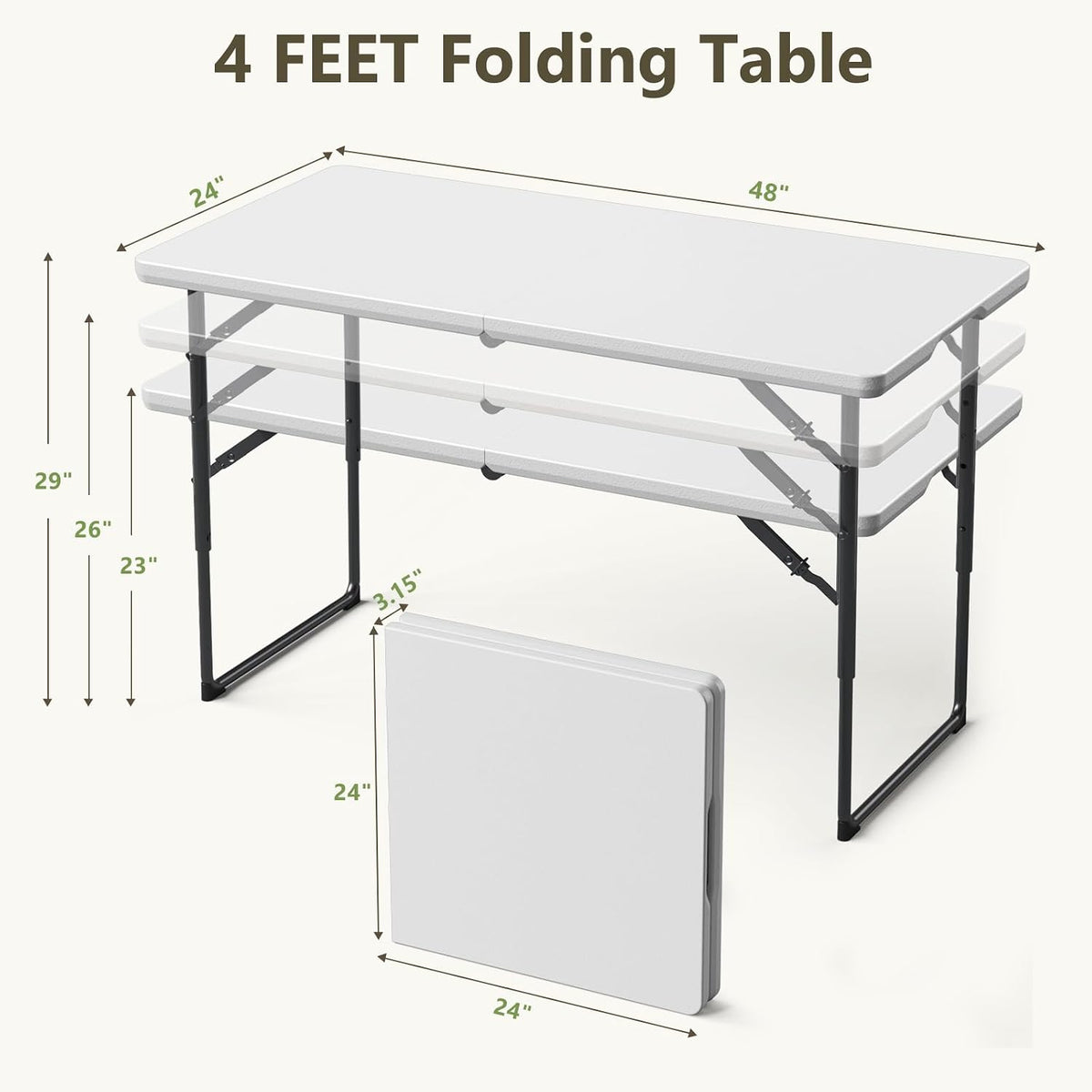Folding Table, 4 FT Foldable Plastic Table with Adjustable Height, Heavy Duty Fold in Half Utility Table, Portable Picnic Table for Camping, Parties, RV Travel, Banquet
