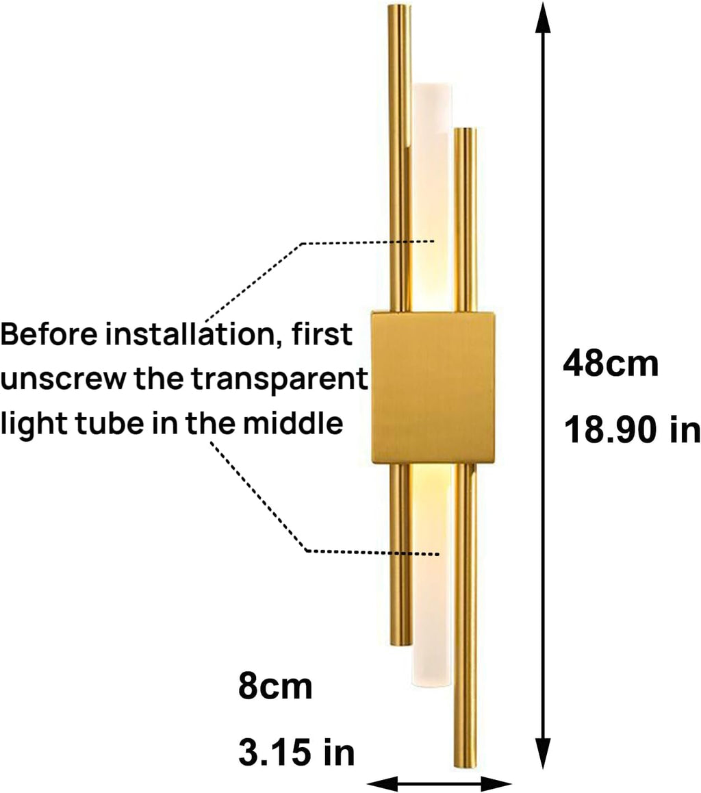Modern Golden LED Wall Sconce, Geometric Metal and Acrylic Vertical Wall Lamp, Minimalist LED Light for Bedroom, Living Room, Hallway – 8 W, 48 cm, 3 Light Shades (Gold-Left)