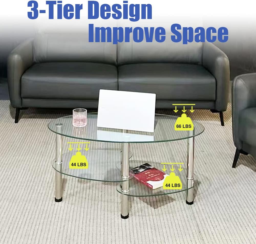 Oval-Shaped Glass Tea Table for Office, 3-Tier Modern Coffee Table, End Table for Living Room (Clear)