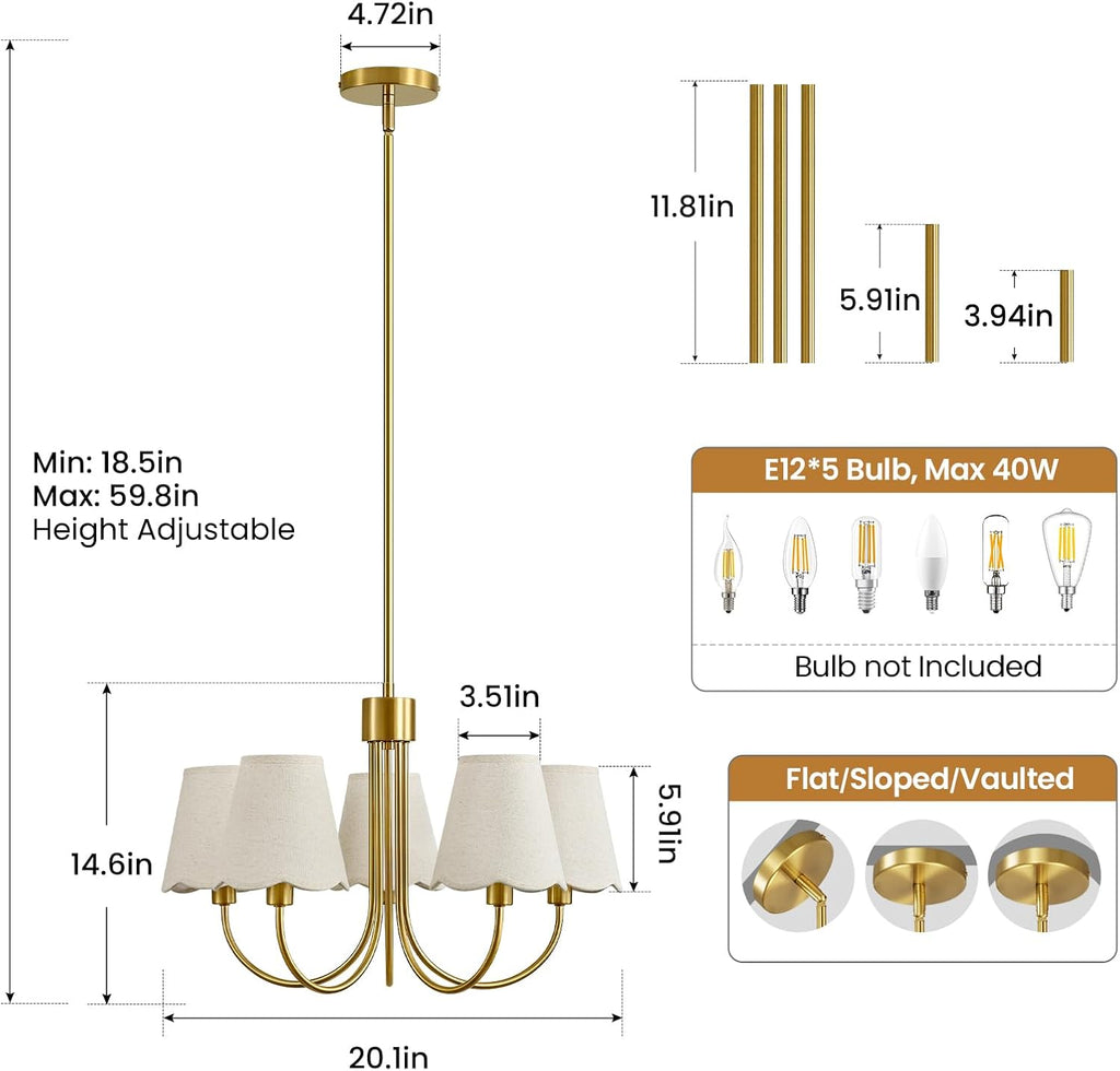Modern Gold Chandelier 5-Light Dining Room Chandelier with Fabric Shades Kitchen Dining Room Light Fixture Over Table Height Adjustable Farmhouse Chandeliers for Living Room Bedroom Entryway