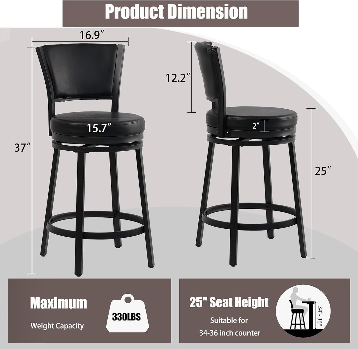 Swivel Bar Stools Set of 2, 25 inch Counter Height Barstools, Modern Metal Swivel Bar Chairs with Backrest, Faux Leather Upholstered Counter Height Chairs for Kitchen Island, Black