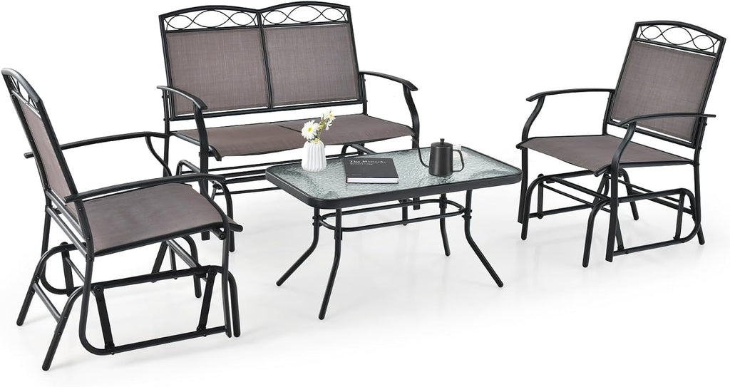 GIANTEX 4 PCS Outdoor Glider Chairs Set - Patio Furniture Set with Tempered Glass Table, Heavy-Duty Metal Frame, Gliding Rocking Chair, Conversation Set for Front Porch, Yard, Poolside (4 PCS, Brown)