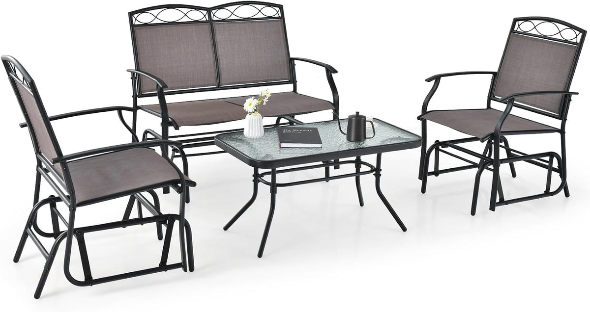 GIANTEX 4 PCS Outdoor Glider Chairs Set - Patio Furniture Set with Tempered Glass Table, Heavy-Duty Metal Frame, Gliding Rocking Chair, Conversation Set for Front Porch, Yard, Poolside (4 PCS, Brown)