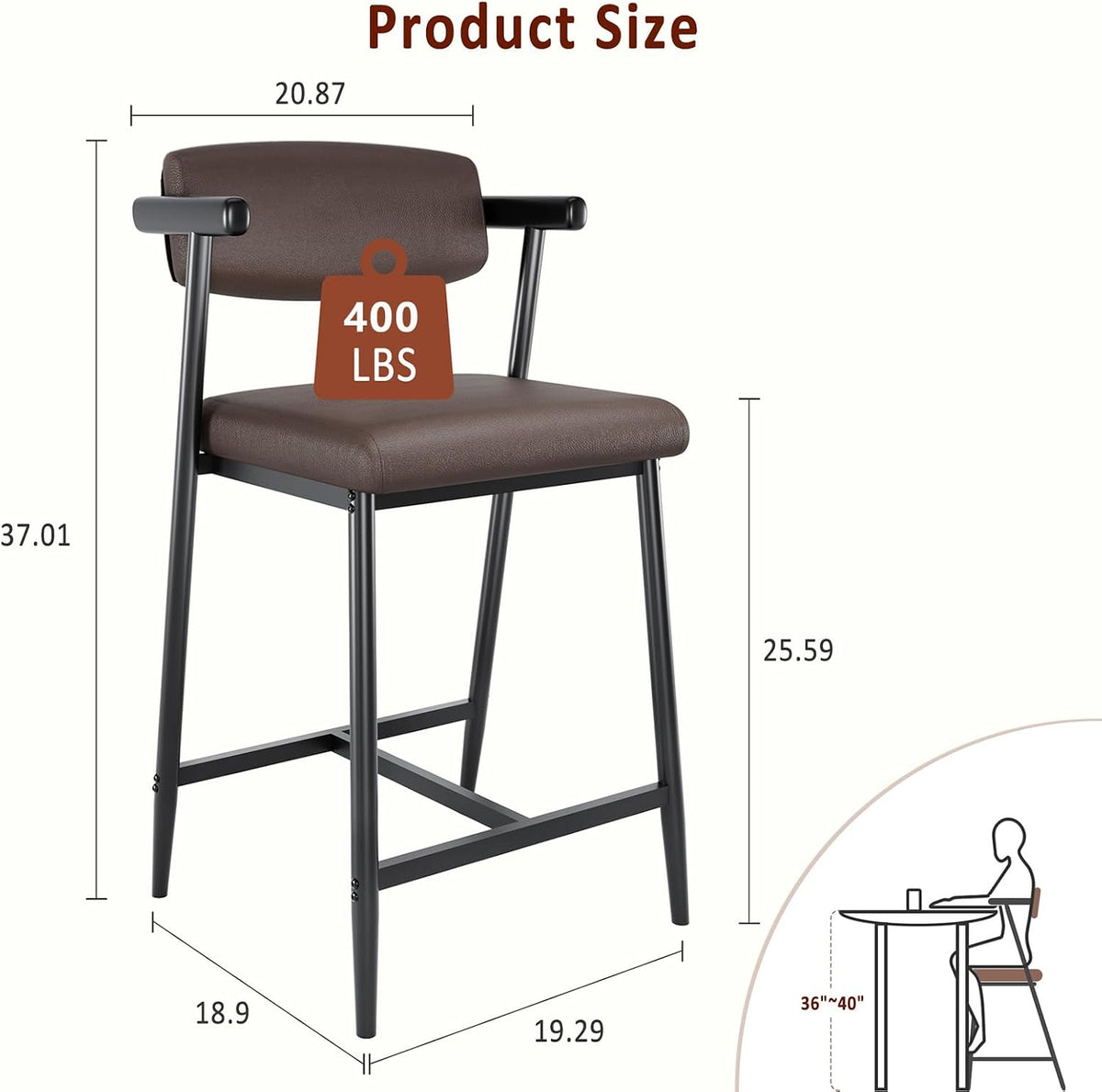 Garvee Bar Stools Set of 2 with Arms & Footrest, 2 Pcs Metal Modern Counter Height Barstools Set w/Wider Seat & Back, 26" Tall Bar Chairs for Kitchen Island, Counter Bar, Easy Assembly, Rustic Brown