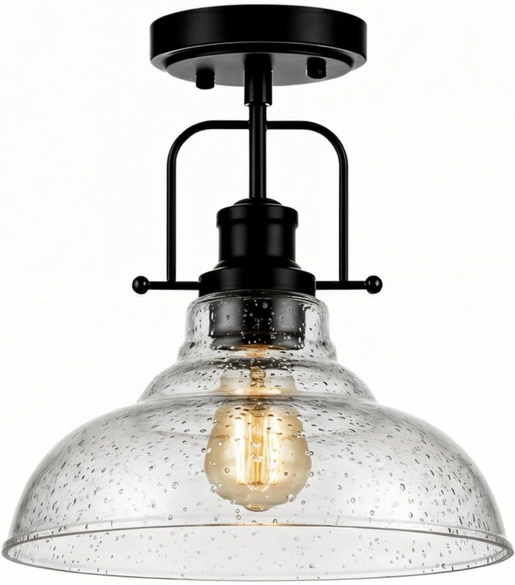 WILON Black Semi Flush Mount Ceiling Lights, Kitchen Lighting Fixtures with Seeded Glass Shade, Farmhouse Ceiling Lights for Kitchen Hallway Entryway Foyer Laundry Room