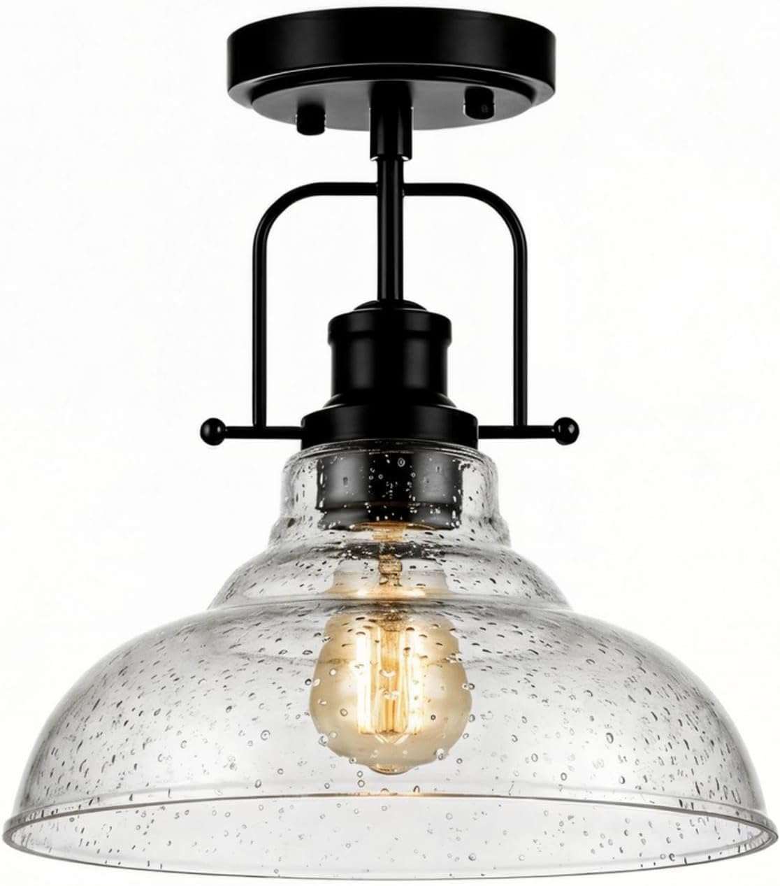 WILON Black Semi Flush Mount Ceiling Lights, Kitchen Lighting Fixtures with Seeded Glass Shade, Farmhouse Ceiling Lights for Kitchen Hallway Entryway Foyer Laundry Room