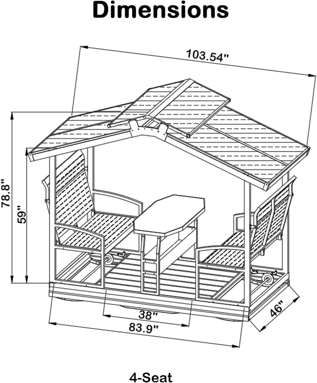 OUDE 4 Seats Hardtop Patio Porch Swing, Heavy Duty 1500 lbs Capacity Aluminum Frame Glider Bench with Tabletop and Storage Shelf for Backyard, Brown