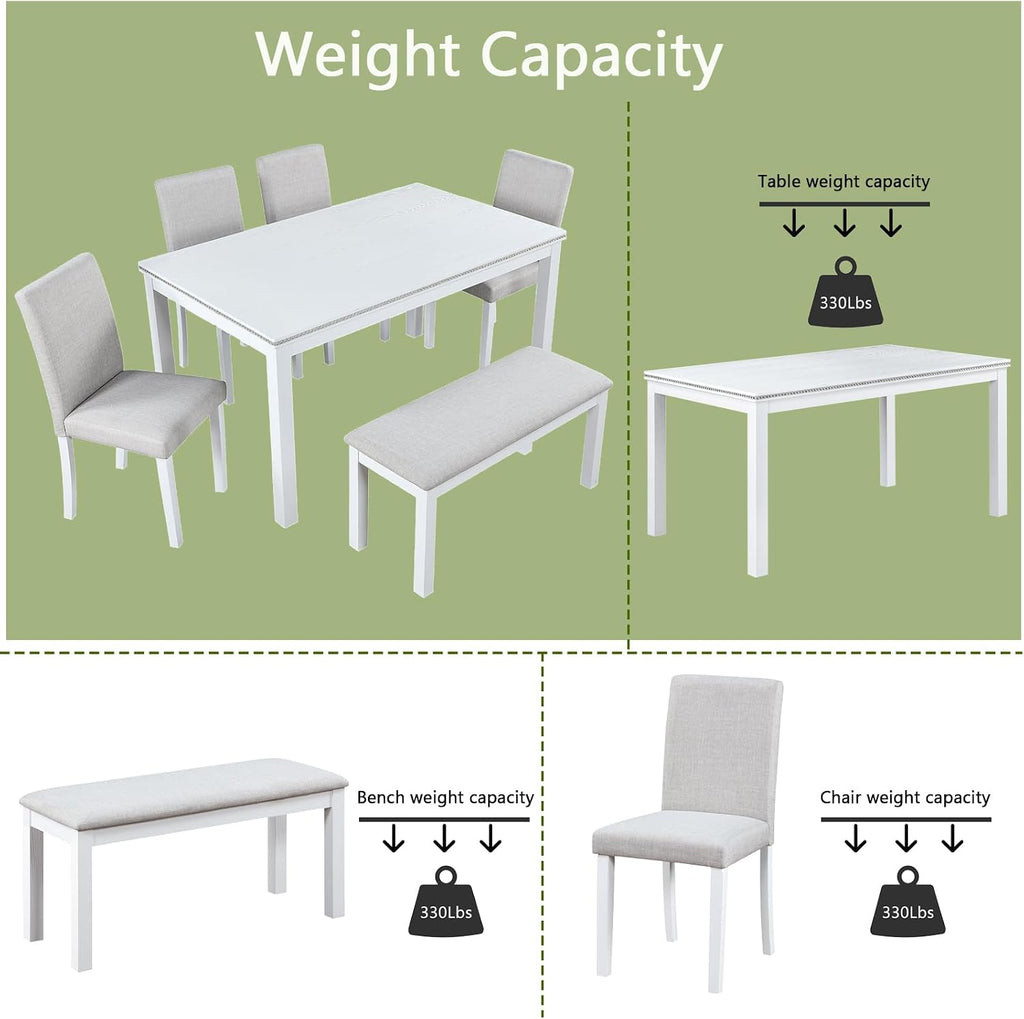 LUMISOL 6-Piece Dining Table Set for 6, Solid Wood Kitchen Table Set with 4 Upholstered Chairs & Bench for Kitchen, Dining Room, Living Room, White