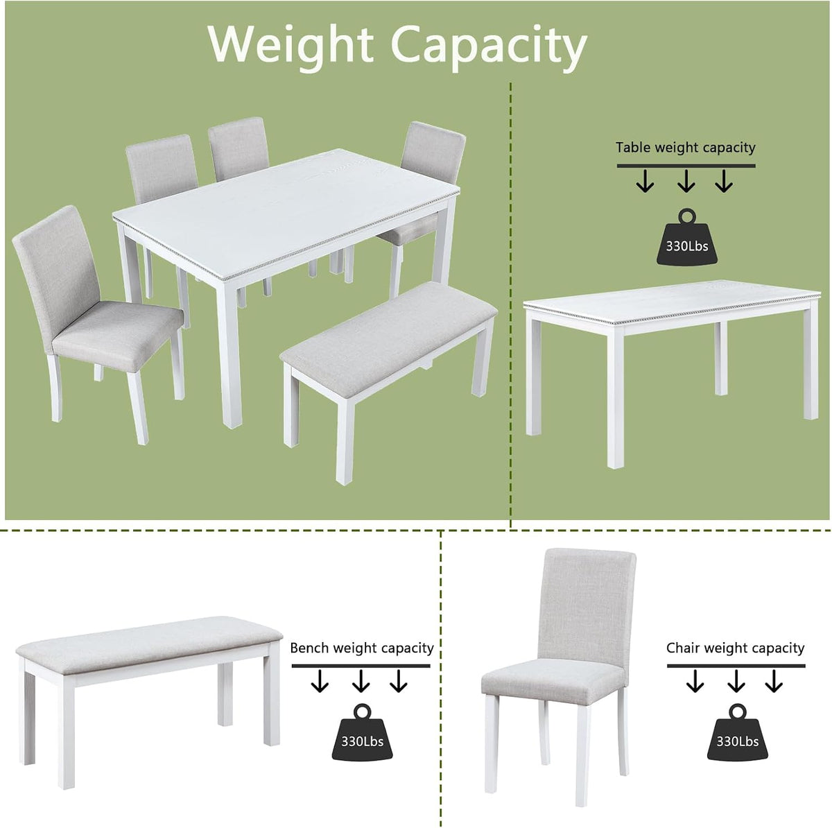 LUMISOL 6-Piece Dining Table Set for 6, Solid Wood Kitchen Table Set with 4 Upholstered Chairs & Bench for Kitchen, Dining Room, Living Room, White