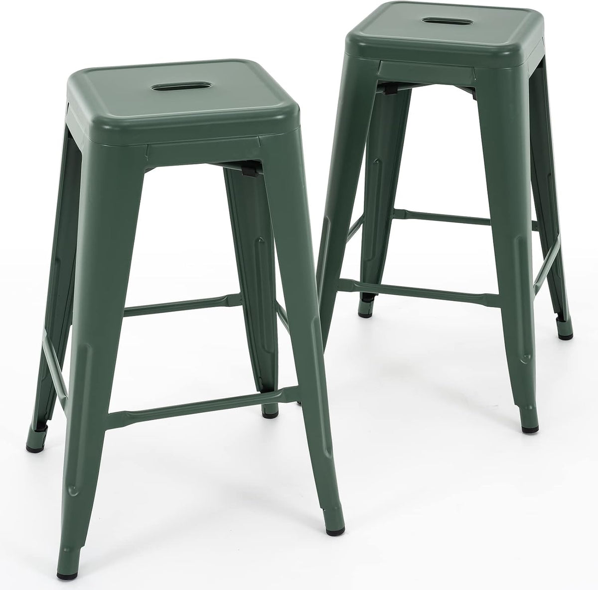 24 Inch Metal Bar Stools Set of 2, Stackable for Indoor Outdoor, Dark Green