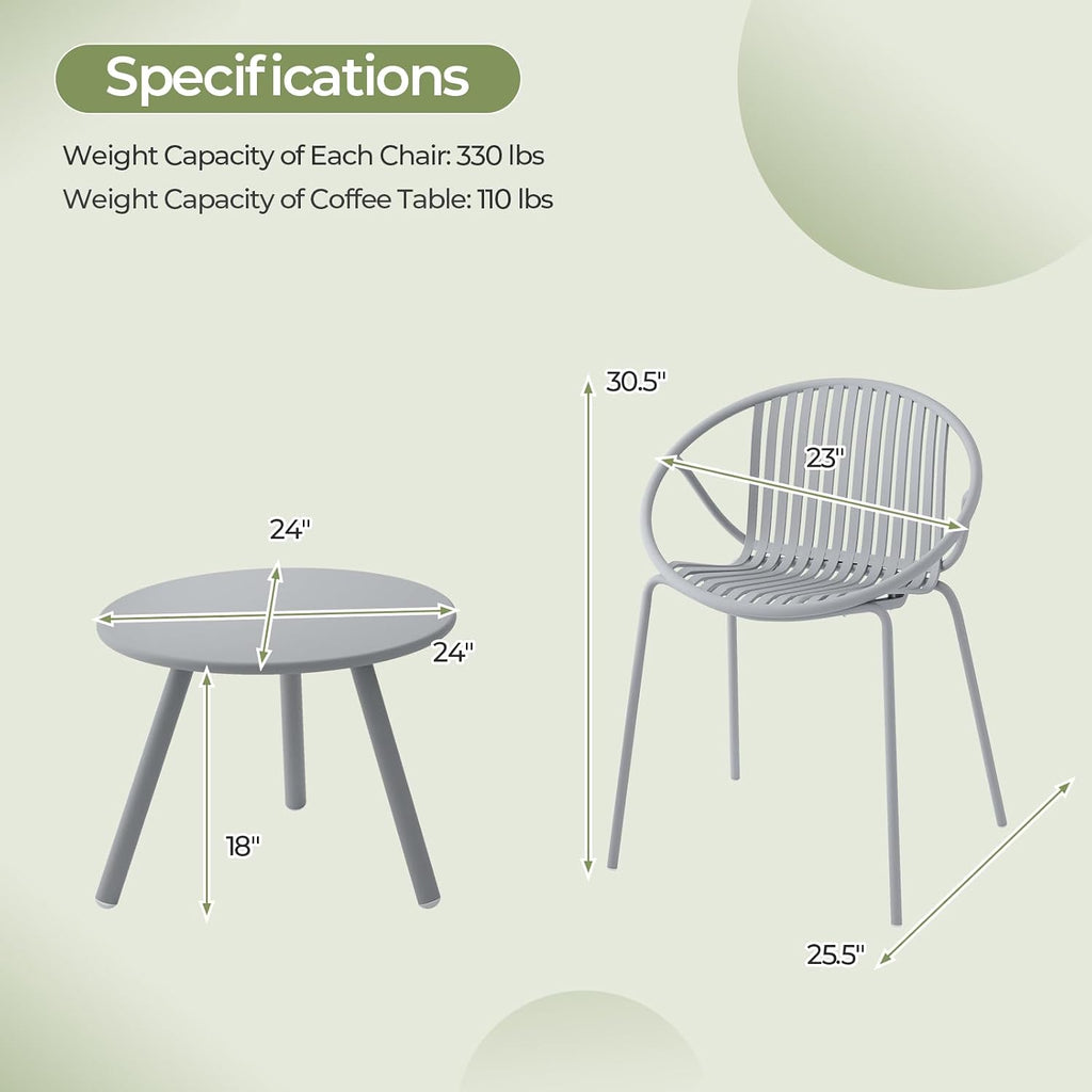 Tangkula 3-Piece Bistro Set - All-Weather PP Patio Conversation Set, Heavy-Duty Metal Frame Outdoor Acapulco Chair Set with Round Coffee Table, Perfect for Deck or Balcony (Gray)