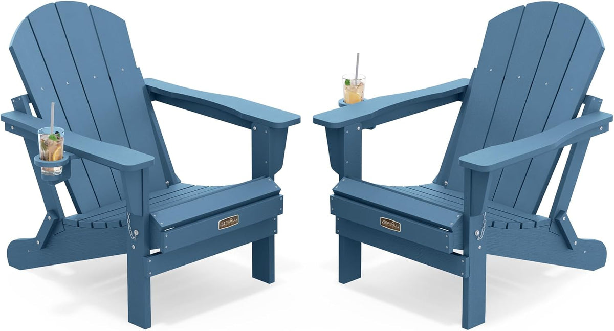 SERWALL Folding Adirondack Chair Set of 2 with Cup Holder for Fire Pit-Blue