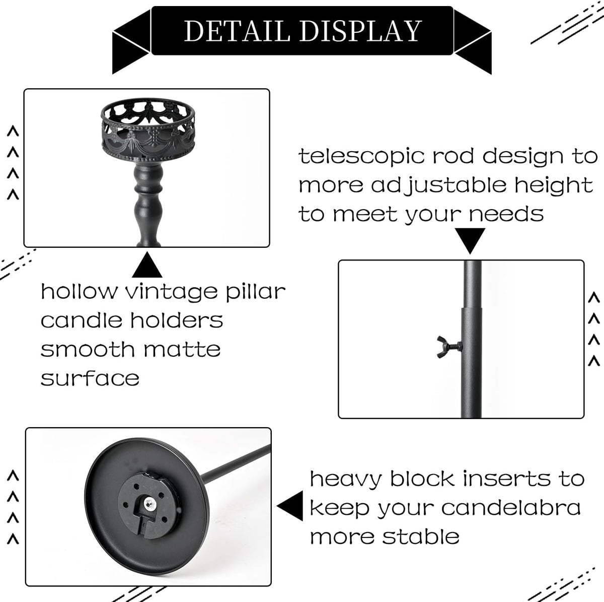 3Pcs Matte Black Floor Candle Holders Centerpieces for Pillar Candles | Adjustable Height,Halloween Metal Candlestick Set,Wedding Party Home Ceremony Mantel Fireplace Decorations
