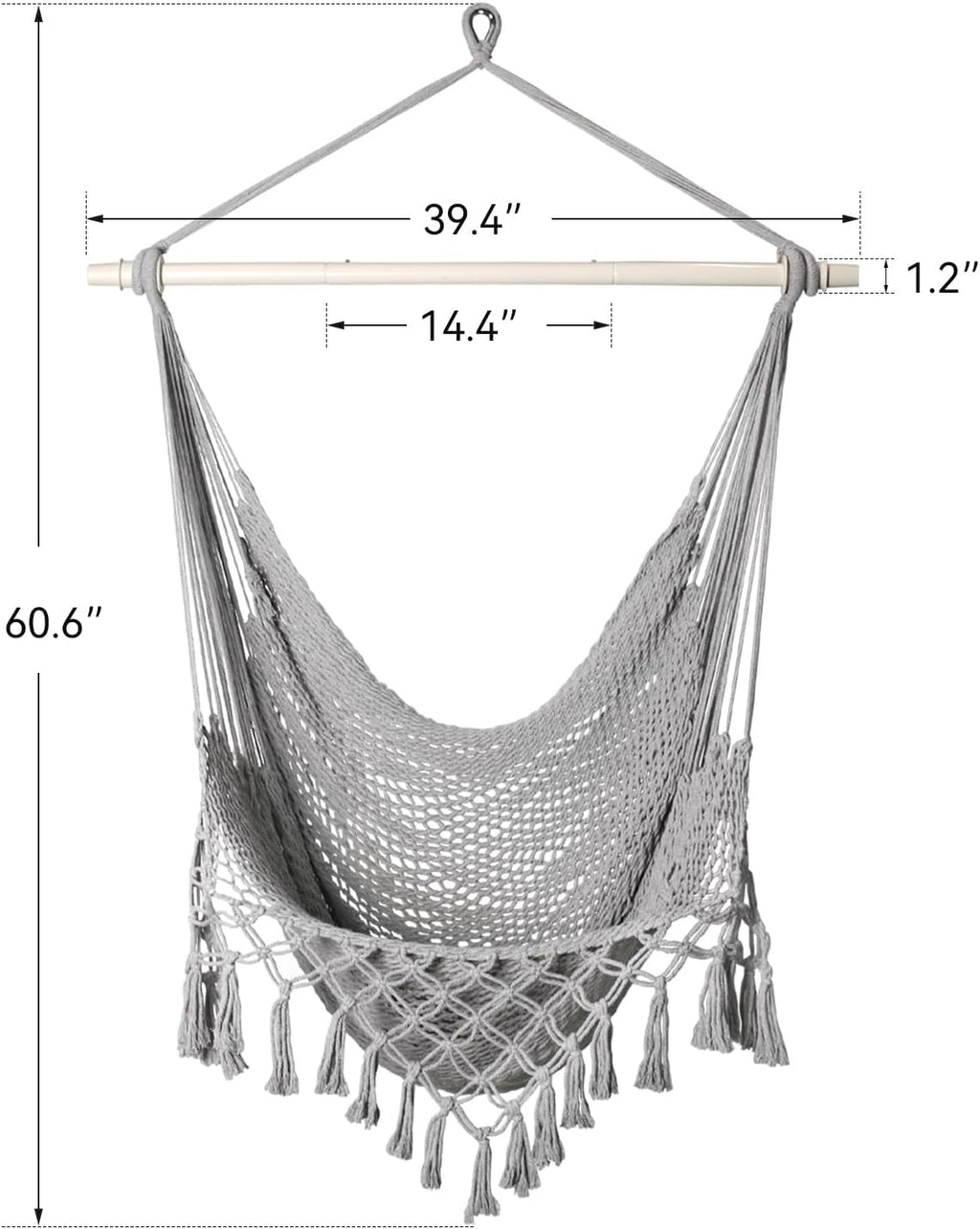 handwoven cotton rope hammock chair with metal spreader showing dimensions