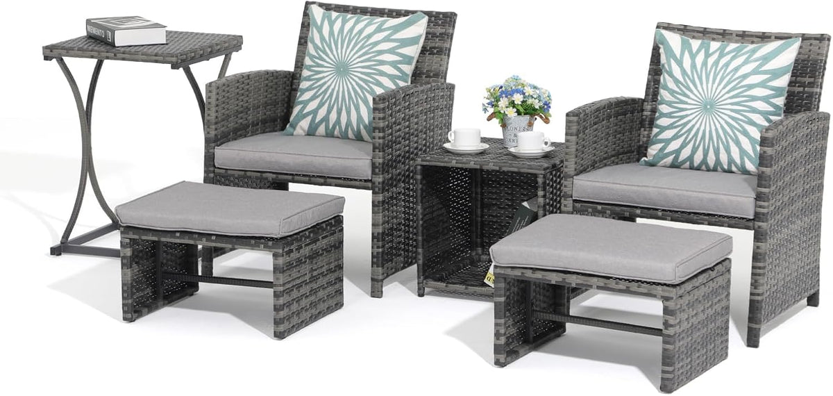 OC Orange-Casual 6 Pcs Wicker Patio Furniture Set with Ottomans, Light Grey