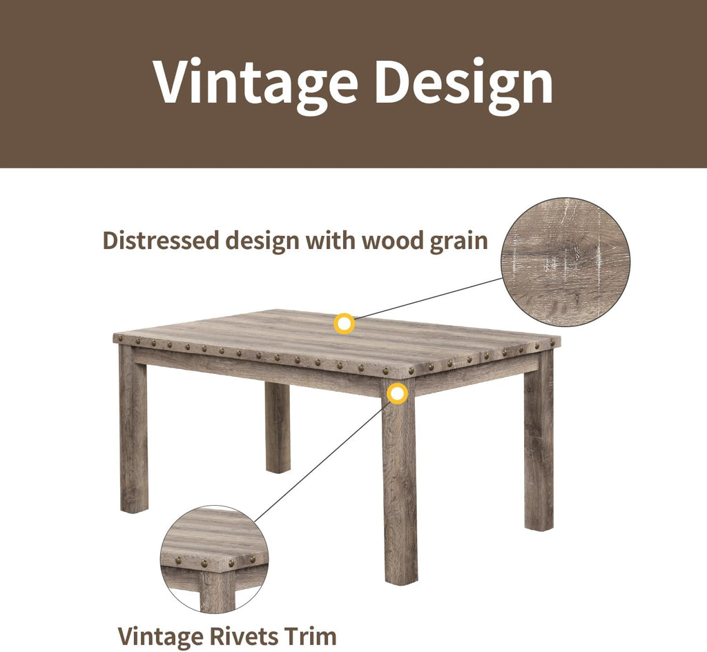 Modern Fort 5-Piece Farmhouse Dining Table Set for 4, 60" Rectangular Wood Dining Table with 4 Upholstered Chairs, Nailhead Trim, Kitchen Table with Chairs Set for Dining Room & Breakfast Nook