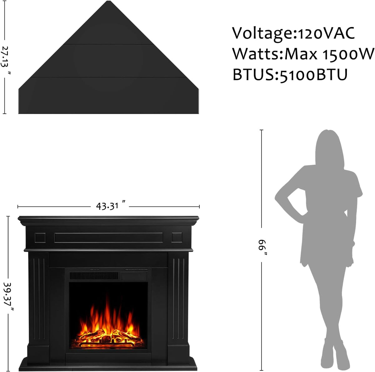 44" Corner Electric Fireplace with Mantel Package Freestanding Fireplace Heater Corner Firebox with Log & Remote Control,750-1500W,Black