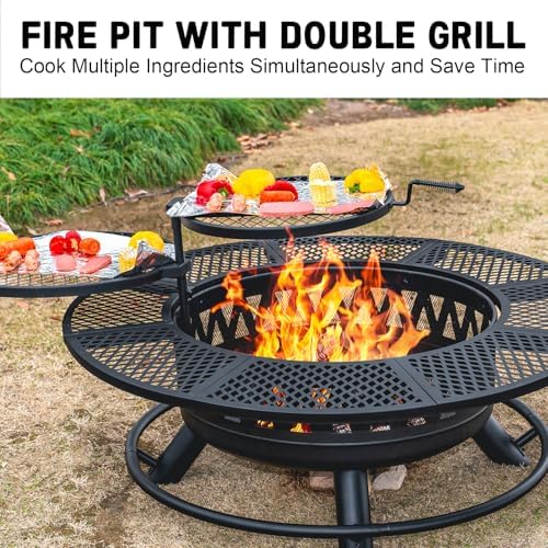 47 Inch Outdoor Fire Pit with 2 Grills, Wood Burning Large Fireplace Table