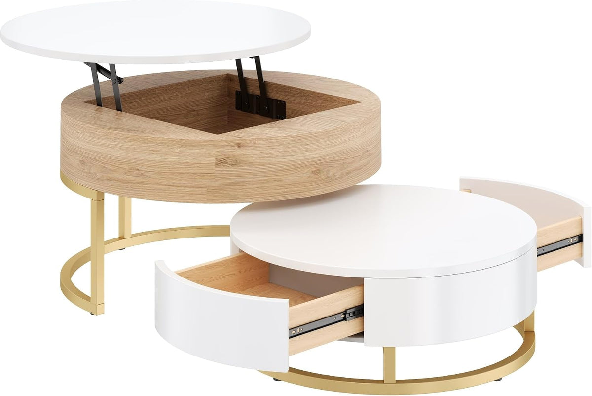 Modern Round Lift-top Nesting Coffee Tables with 2 Drawers for Living Room White & Natural
