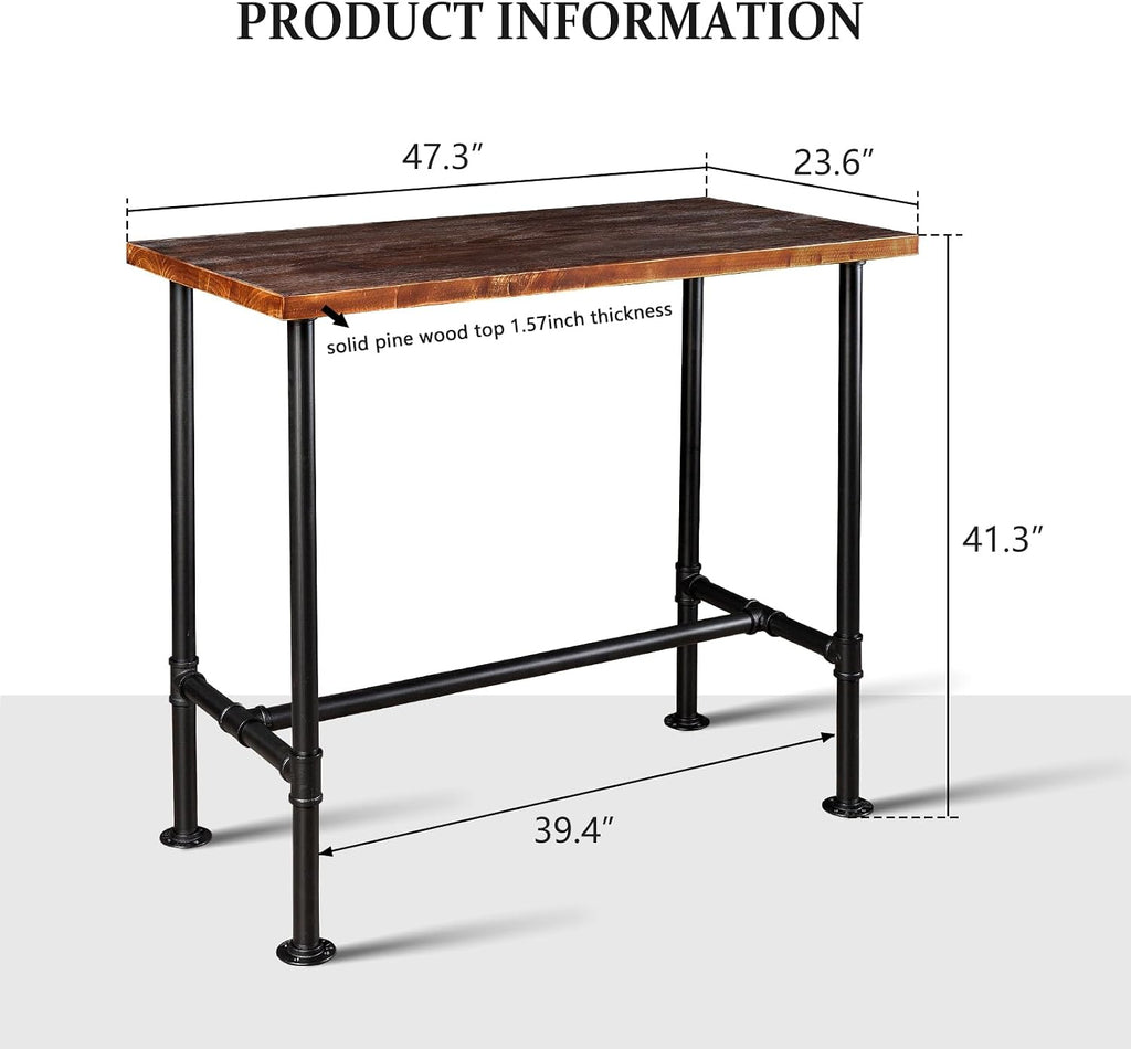 DIY Industrial Design Pipe Dining Table Casual Pub BAR Laptop Table Modern Studio Wood and Metal Rectangular Dining Table homeoffice Desk Breakfast high bar Table Brown Desktop 47.3" × 23.6"