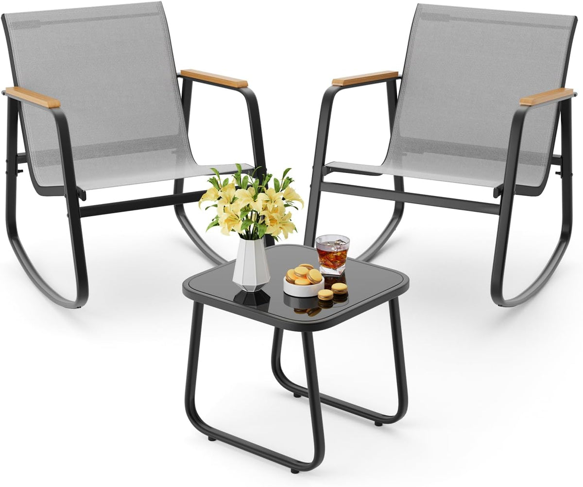 Aiho 3 Piece Patio Bistro Set, Textilene Rocking Chairs for Porch, Gray