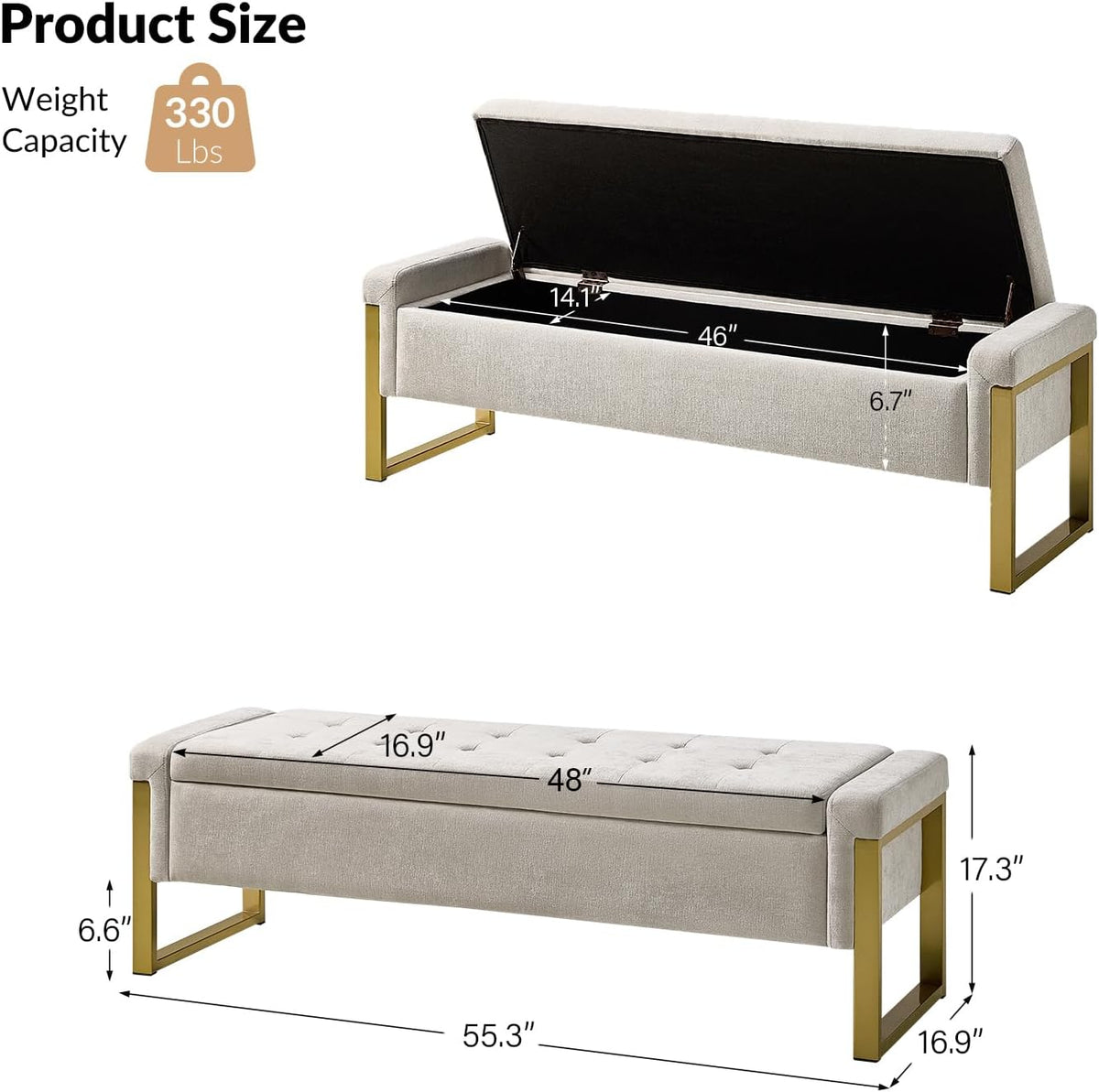 EcoHarbor Living Modern Storage Ottoman Bedroom Bench, End of Bed Bench with Gold Metal Legs, Upholstered Footrest Stool for Living, Dining Room, Entryway and Hallway(Beige 55inch)