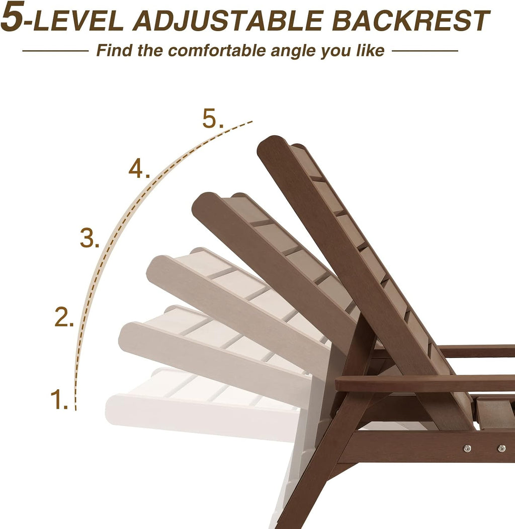 HDPE Outdoor Chaise Lounge Chair,5-Position Adjustable Set of 2,Brown