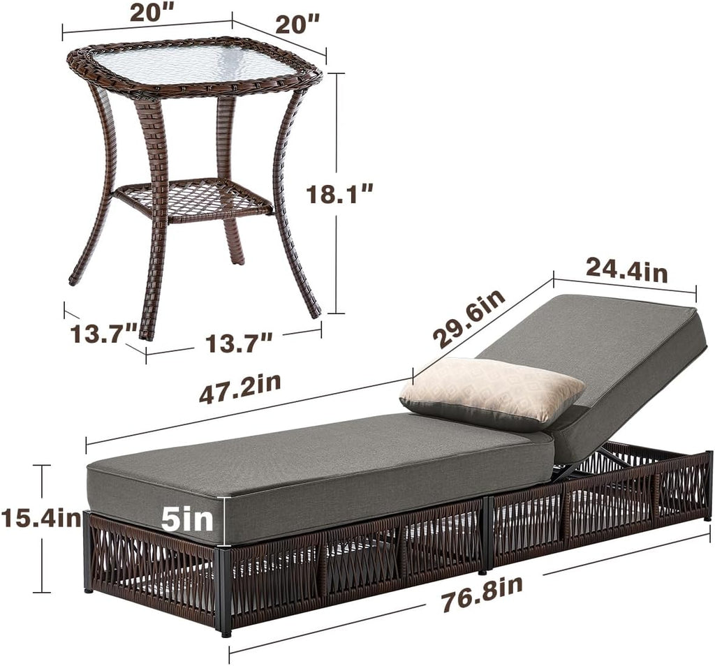 Luxury Outdoor Chaise Lounge Chairs of 4 with 5 Inch Thick Cushions and Side Table - 6 PCS High Back Brown Wicker Rattan Patio Recliners Lounger Furniture Set for Poolside Sunbathing - Grey