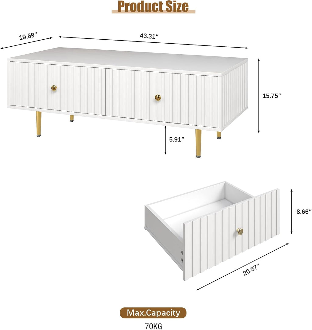 HedoAjim Modern Coffee Table with Storage with 2 Big Drawers, White Rectangle Coffee Table for Living Room, Wooden Fluted Table Accent Tea Table for Living Room Apartment Small Space