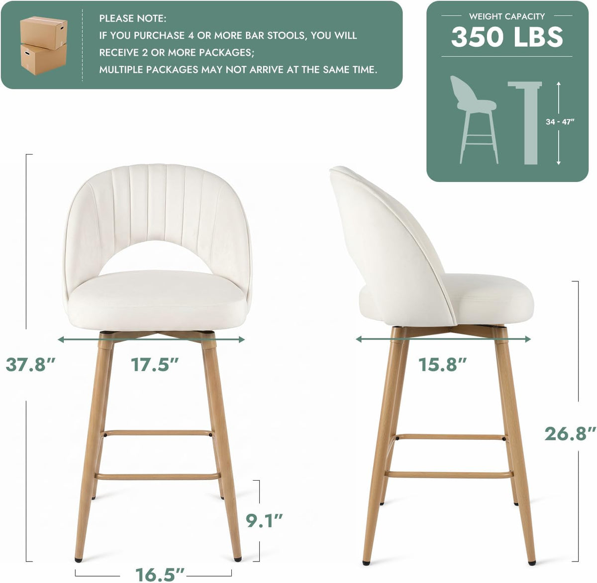 Swivel Bar Stools Set of 4, Counter Height Barstools for Kitchen Island, 26" Seat Height Bar Chairs for Dining Room, Velvet Upholstered Bar Stool with Back and Footrest, White