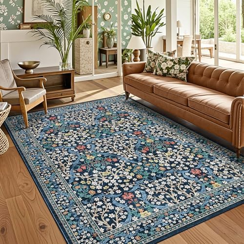 GarveeHome Blue Floral 5x7 Washable Area Rug for Living Room Bedroom