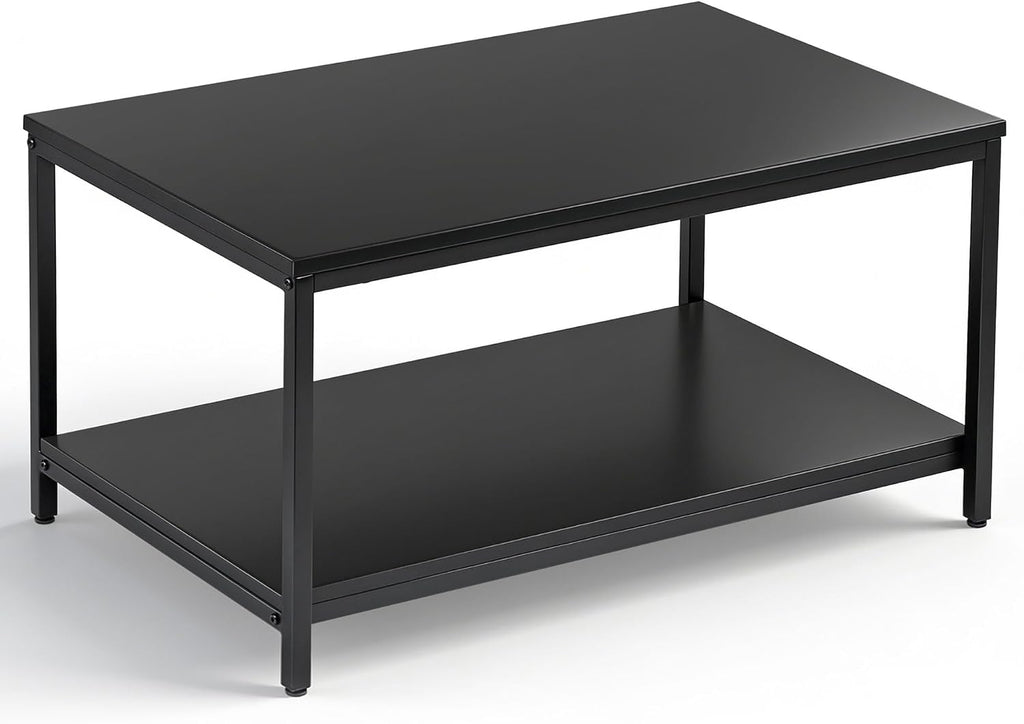 SUPER DEAL 2-Tier Industrial Coffee Table with Storage Shelf for Small Apartment Living Room, Rectangle Wood and Stable Metal TV Stand Side End Table, Black