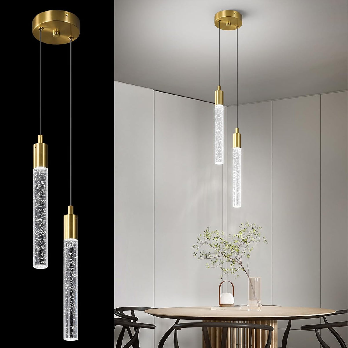 Modern Light Fixture Kitchen Island Pendant Light Dimmable LED Gold Pendant Lights Mini Crystal Pendant Lighting for Bedroom Dining Room Living Room（2-Light ）