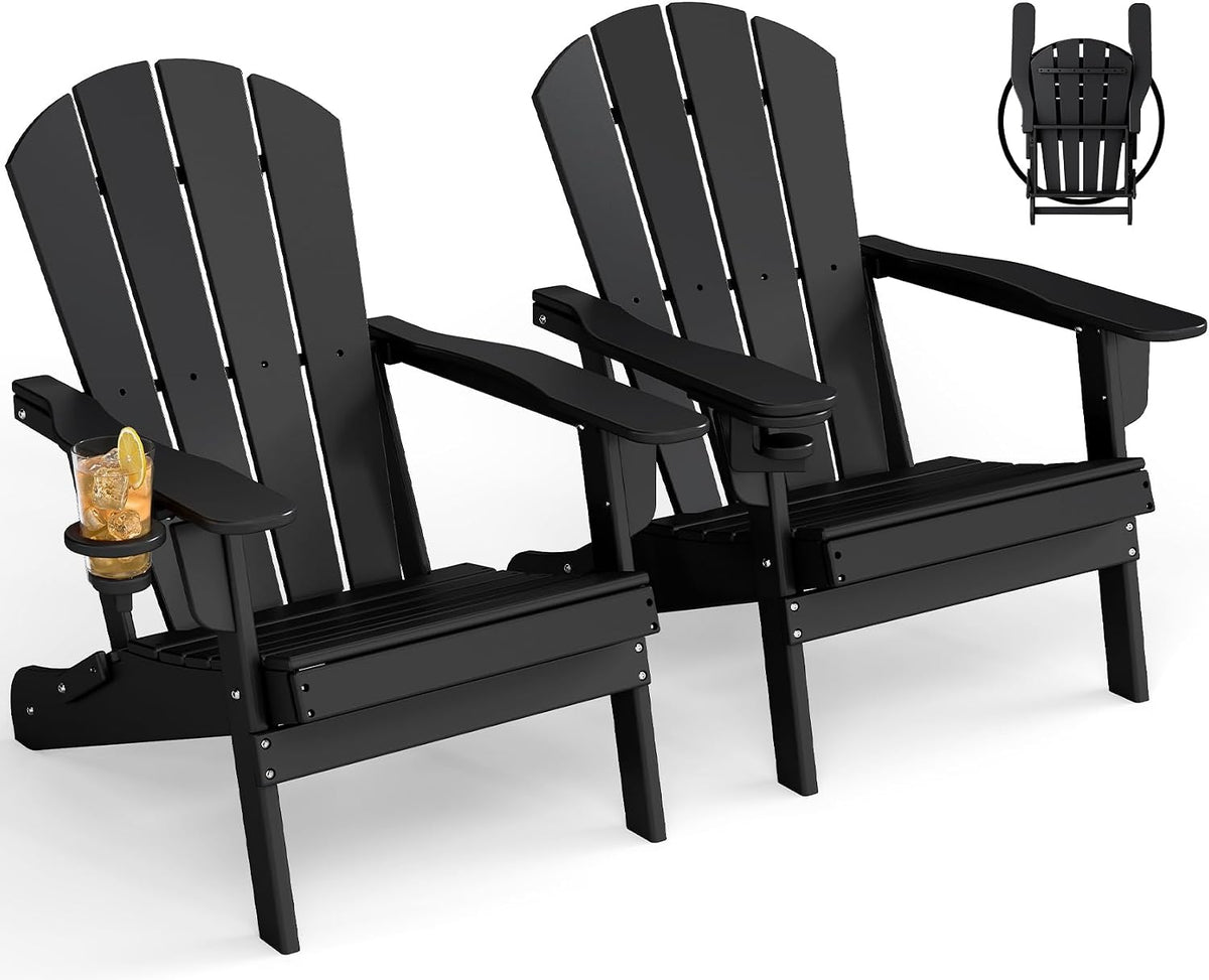 GREENVINES Folding Adirondack Chairs Set of 2 w/Cup Holder, HDPE, Black