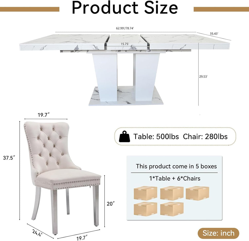 63"-78.74" White Faux Marble Extendable Dining Room Table Set for 6, 7-Piece Dining Table Set with 6 Chairs, Rectangle Wooden Expanding Kitchen Table and Beige Upholstered Chairs Set